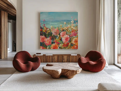 Coastal Dahlias by Danhui Nai. Shown as extra-large giant wall art in a modern living room. Available as an archival giclee rolled canvas, fine art paper, or poster print. SKU 78723a.