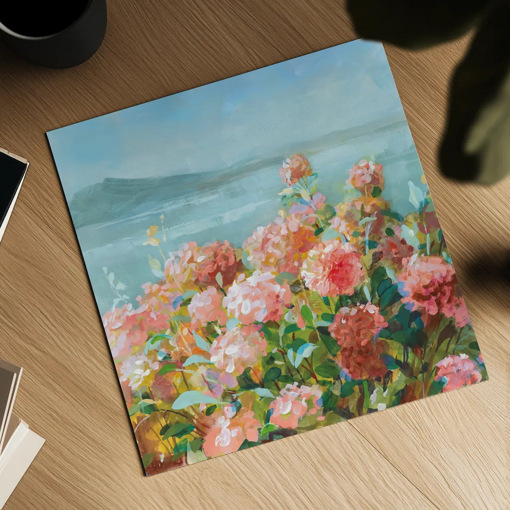 Coastal Dahlias II by Danhui Nai. Shown as a detailed flat fine art print, highlighting archival giclee quality. Available as an archival giclee rolled canvas, fine art paper, or poster print. SKU 81904a.