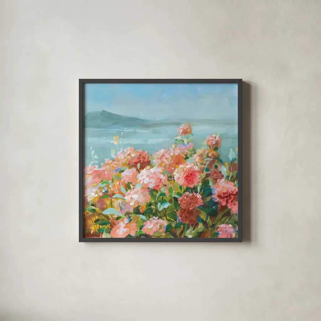 Coastal Dahlias II by Danhui Nai. Shown in a sleek black glass frame for a contemporary gallery look. Available as an archival giclee rolled canvas, fine art paper, or poster print. SKU 81904a.
