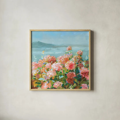 Coastal Dahlias II by Danhui Nai. Shown in a natural wood glass frame for a timeless modern aesthetic. Available as an archival giclee rolled canvas, fine art paper, or poster print. SKU 81904a.