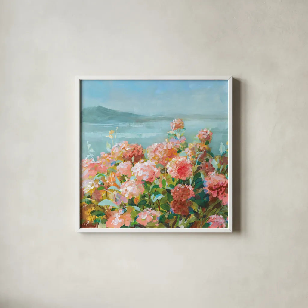 Coastal Dahlias II by Danhui Nai. Shown in a crisp white glass frame for a clean and minimalist style. Available as an archival giclee rolled canvas, fine art paper, or poster print. SKU 81904a.
