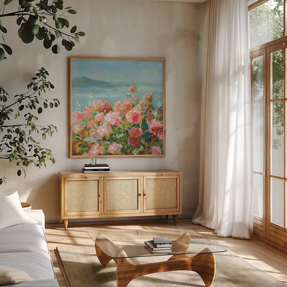 Coastal Dahlias II by Danhui Nai. Shown in a natural wood frame in a cozy modern living room. Available as an archival giclee rolled canvas, fine art paper, or poster print. SKU 81904a.