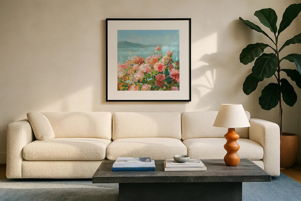 Coastal Dahlias II by Danhui Nai. Displayed in a glass frame with matte in a clean modern living room. Available as an archival giclee rolled canvas, fine art paper, or poster print. SKU 81904a.
