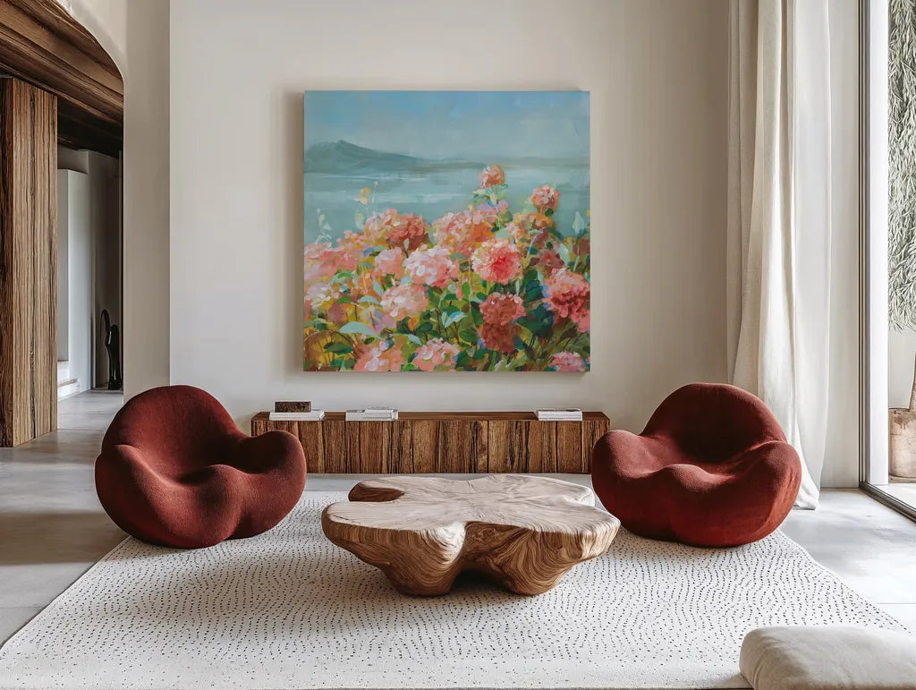 Coastal Dahlias II by Danhui Nai. Shown as extra-large giant wall art in a modern living room. Available as an archival giclee rolled canvas, fine art paper, or poster print. SKU 81904a.