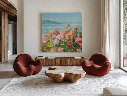 Coastal Dahlias II by Danhui Nai. Shown as extra-large giant wall art in a modern living room. Available as an archival giclee rolled canvas, fine art paper, or poster print. SKU 81904a.