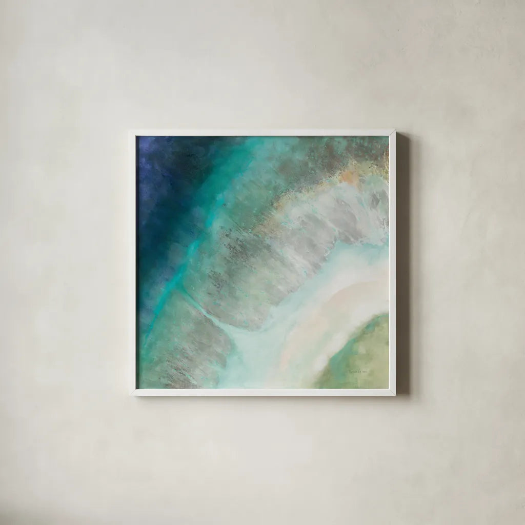 Coastal Diamond by Danhui Nai. Shown in a crisp white glass frame for a clean and minimalist style. Available as an archival giclee rolled canvas, fine art paper, or poster print. SKU 56800a.