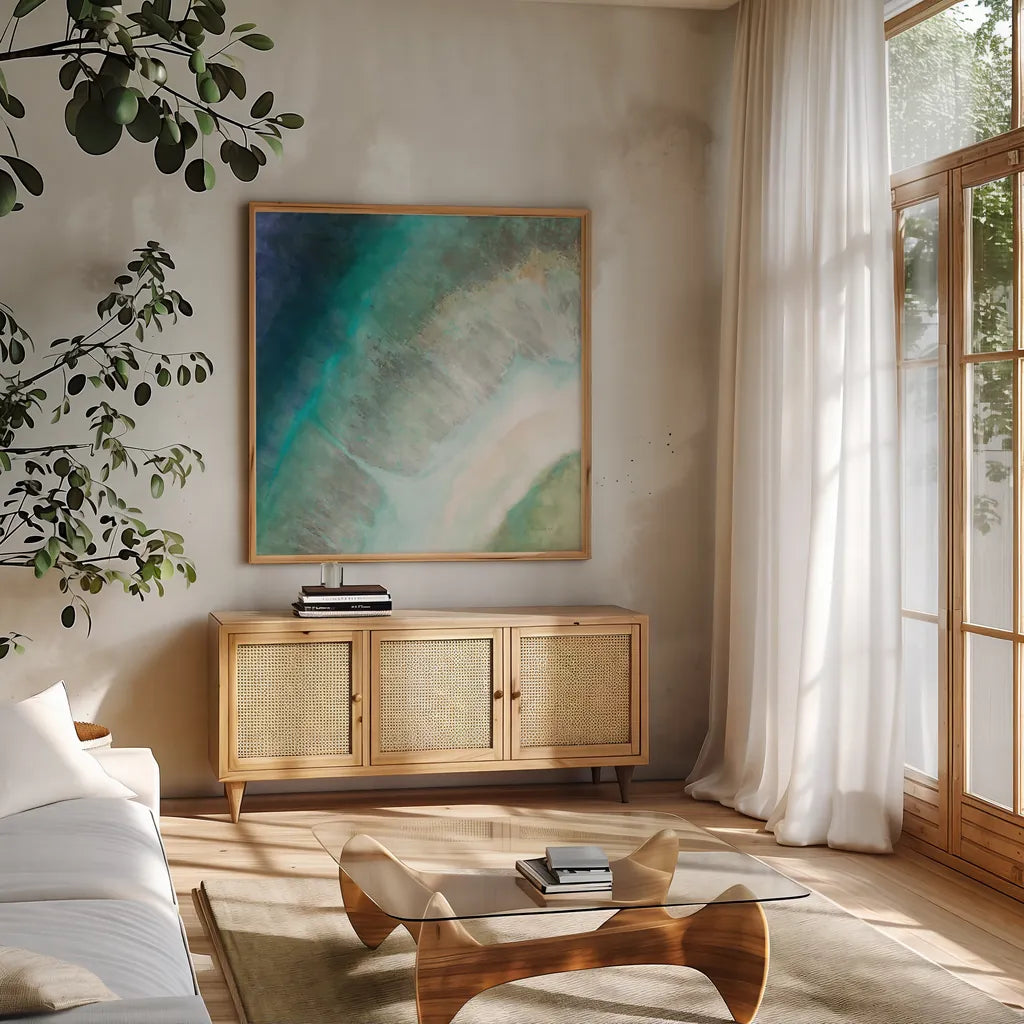 Coastal Diamond by Danhui Nai. Shown in a natural wood frame in a cozy modern living room. Available as an archival giclee rolled canvas, fine art paper, or poster print. SKU 56800a.