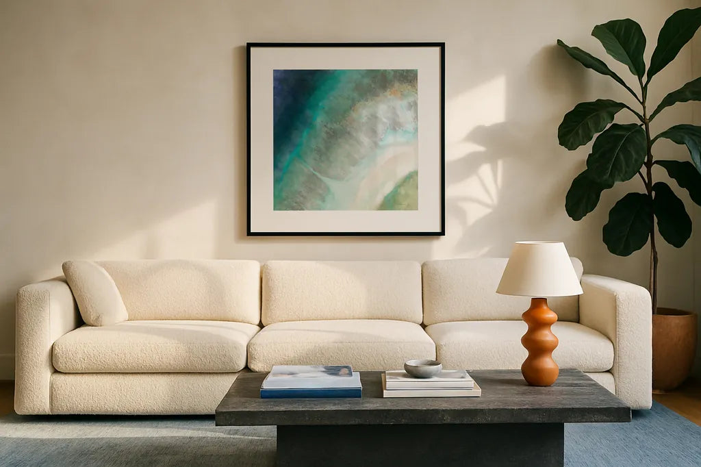 Coastal Diamond by Danhui Nai. Displayed in a glass frame with matte in a clean modern living room. Available as an archival giclee rolled canvas, fine art paper, or poster print. SKU 56800a.