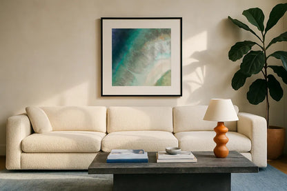 Coastal Diamond by Danhui Nai. Displayed in a glass frame with matte in a clean modern living room. Available as an archival giclee rolled canvas, fine art paper, or poster print. SKU 56800a.