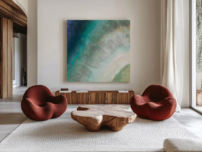 Coastal Diamond by Danhui Nai. Shown as extra-large giant wall art in a modern living room. Available as an archival giclee rolled canvas, fine art paper, or poster print. SKU 56800a.