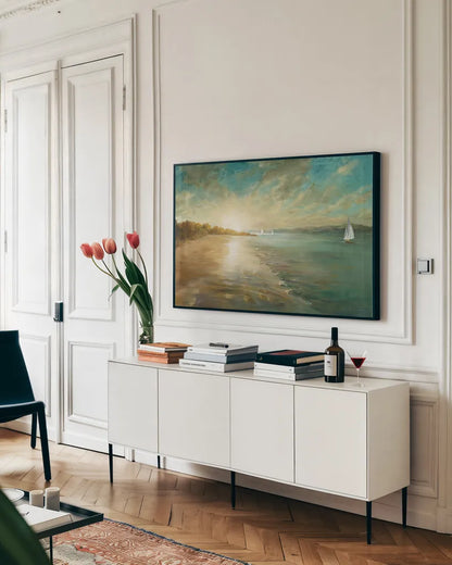 Coastal Glow by Danhui Nai. shown as a framed stretched canvas in a living room above a console. Available as a archival giclee rolled canvas, fine art paper, or poster print. SKU 17937i.