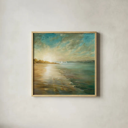 Coastal Glow Crop by Danhui Nai. Shown in a natural wood glass frame for a timeless modern aesthetic. Available as an archival giclee rolled canvas, fine art paper, or poster print. SKU 20945a.