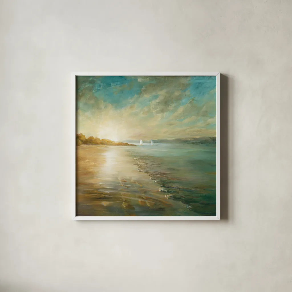 Coastal Glow Crop by Danhui Nai. Shown in a crisp white glass frame for a clean and minimalist style. Available as an archival giclee rolled canvas, fine art paper, or poster print. SKU 20945a.