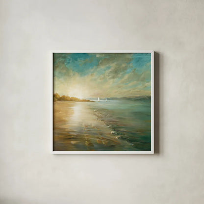 Coastal Glow Crop by Danhui Nai. Shown in a crisp white glass frame for a clean and minimalist style. Available as an archival giclee rolled canvas, fine art paper, or poster print. SKU 20945a.