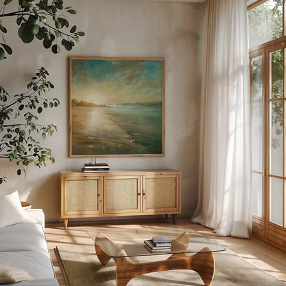 Coastal Glow Crop by Danhui Nai. Shown in a natural wood frame in a cozy modern living room. Available as an archival giclee rolled canvas, fine art paper, or poster print. SKU 20945a.