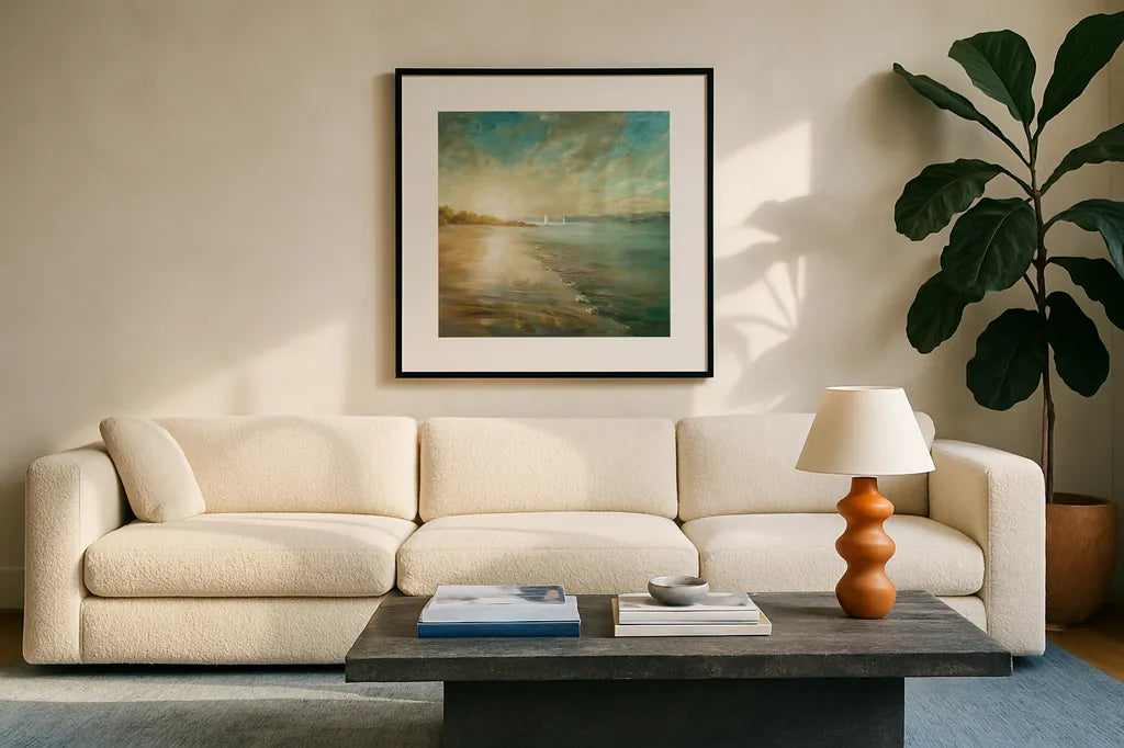 Coastal Glow Crop by Danhui Nai. Displayed in a glass frame with matte in a clean modern living room. Available as an archival giclee rolled canvas, fine art paper, or poster print. SKU 20945a.