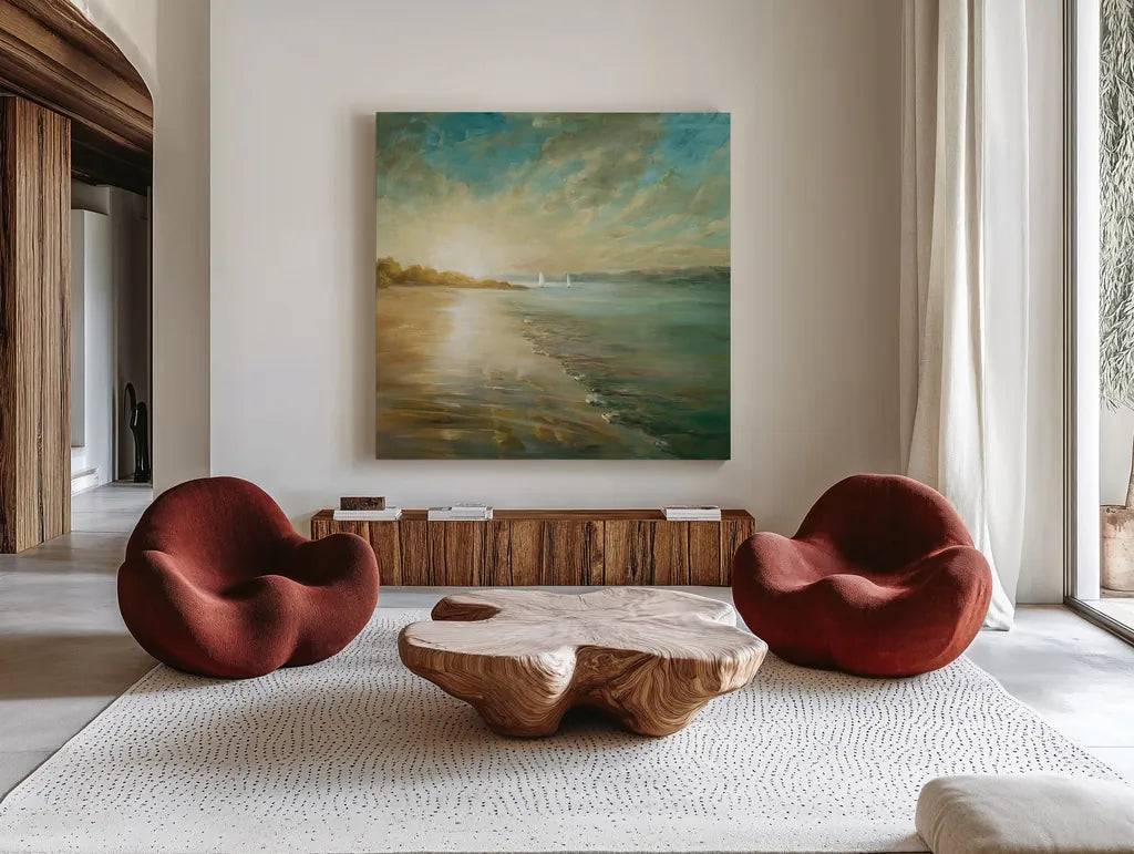 Coastal Glow Crop by Danhui Nai. Shown as extra-large giant wall art in a modern living room. Available as an archival giclee rolled canvas, fine art paper, or poster print. SKU 20945a.