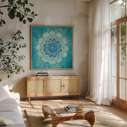 Coastal Jewels by Danhui Nai. Shown in a natural wood frame in a cozy modern living room. Available as an archival giclee rolled canvas, fine art paper, or poster print. SKU 46625a.