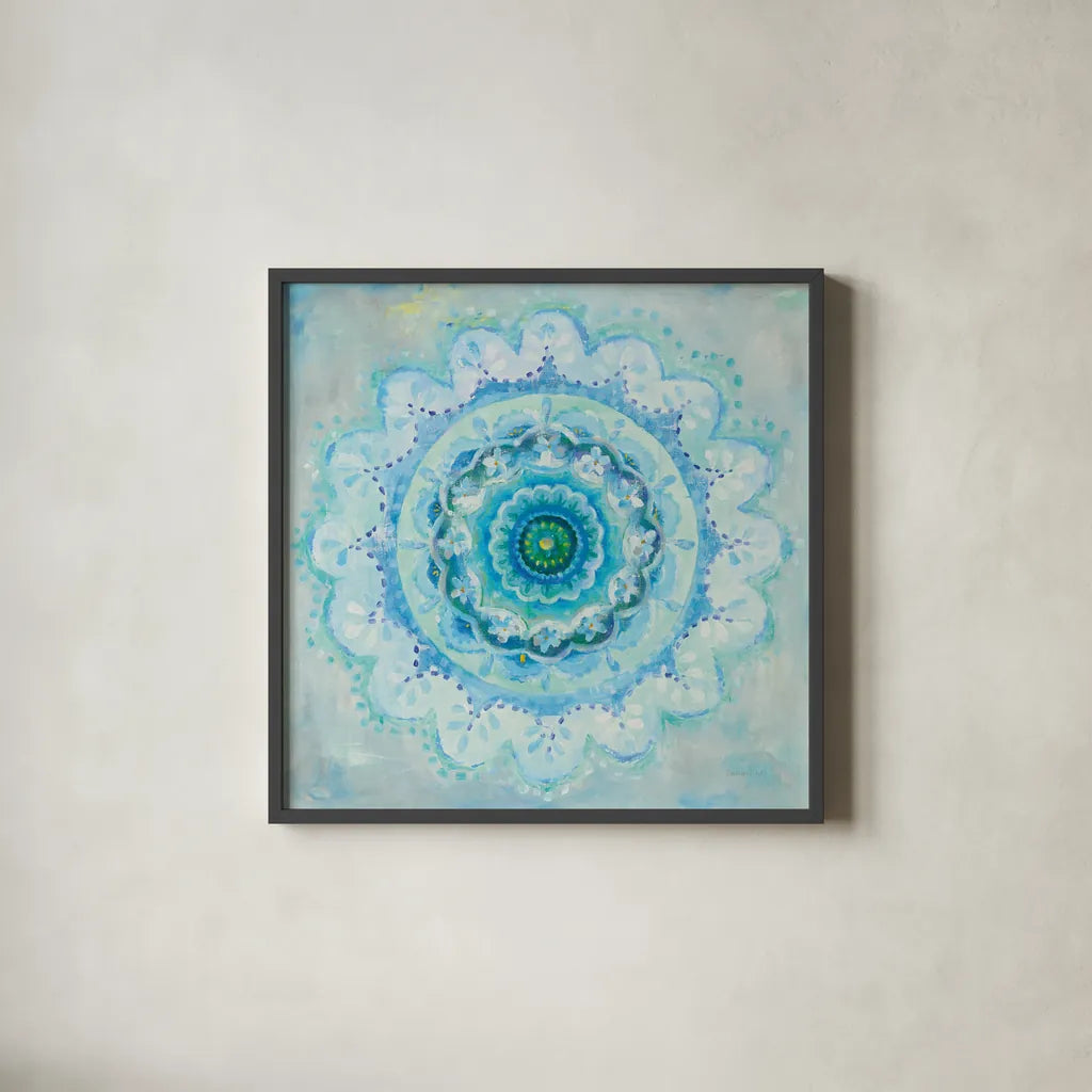 Coastal Mandala by Danhui Nai. Shown in a sleek black glass frame for a contemporary gallery look. Available as an archival giclee rolled canvas, fine art paper, or poster print. SKU 46624a.