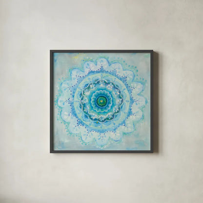 Coastal Mandala by Danhui Nai. Shown in a sleek black glass frame for a contemporary gallery look. Available as an archival giclee rolled canvas, fine art paper, or poster print. SKU 46624a.