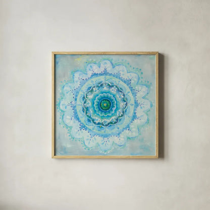 Coastal Mandala by Danhui Nai. Shown in a natural wood glass frame for a timeless modern aesthetic. Available as an archival giclee rolled canvas, fine art paper, or poster print. SKU 46624a.