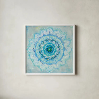 Coastal Mandala by Danhui Nai. Shown in a crisp white glass frame for a clean and minimalist style. Available as an archival giclee rolled canvas, fine art paper, or poster print. SKU 46624a.