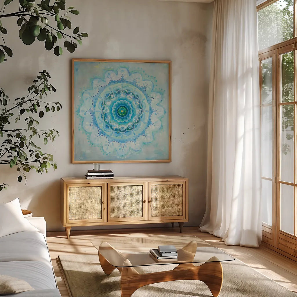 Coastal Mandala by Danhui Nai. Shown in a natural wood frame in a cozy modern living room. Available as an archival giclee rolled canvas, fine art paper, or poster print. SKU 46624a.