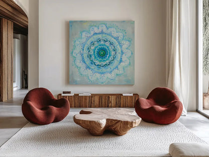 Coastal Mandala by Danhui Nai. Shown as extra-large giant wall art in a modern living room. Available as an archival giclee rolled canvas, fine art paper, or poster print. SKU 46624a.
