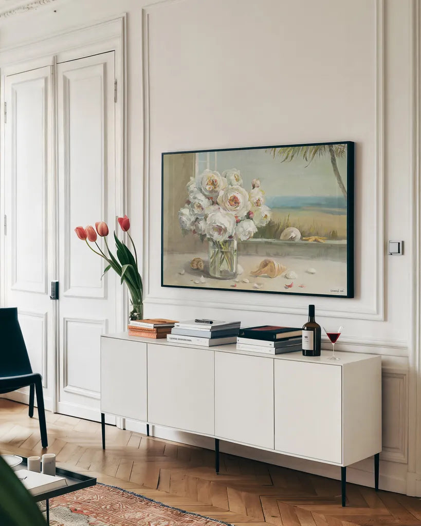 Coastal Roses Plain by Danhui Nai. shown as a framed stretched canvas in a living room above a console. Available as a archival giclee rolled canvas, fine art paper, or poster print. SKU 15117i.
