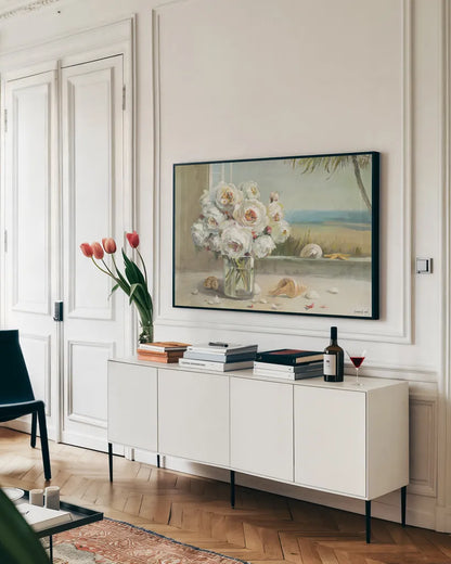Coastal Roses Plain by Danhui Nai. shown as a framed stretched canvas in a living room above a console. Available as a archival giclee rolled canvas, fine art paper, or poster print. SKU 15117i.
