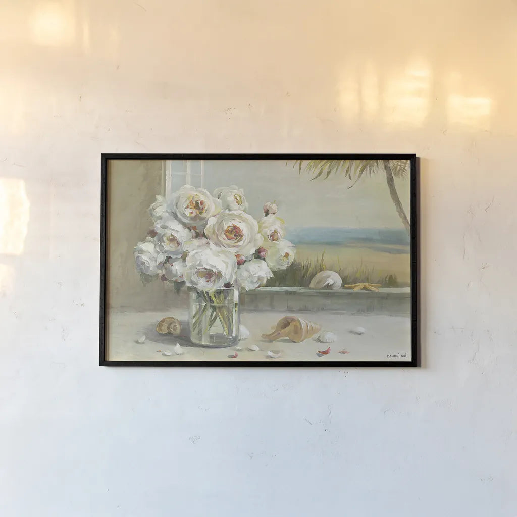 Coastal Roses Plain by Danhui Nai. shown as a paper print in a black flame. Available as a archival giclee rolled canvas, fine art paper, or poster print. SKU 15117i.