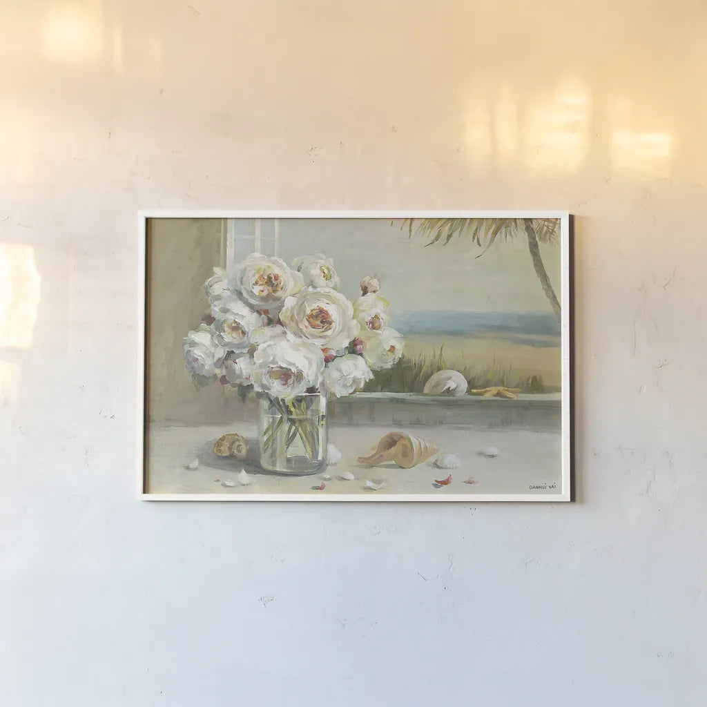 Coastal Roses Plain by Danhui Nai. shown as a paper print in a white frame. Available as a archival giclee rolled canvas, fine art paper, or poster print. SKU 15117i.