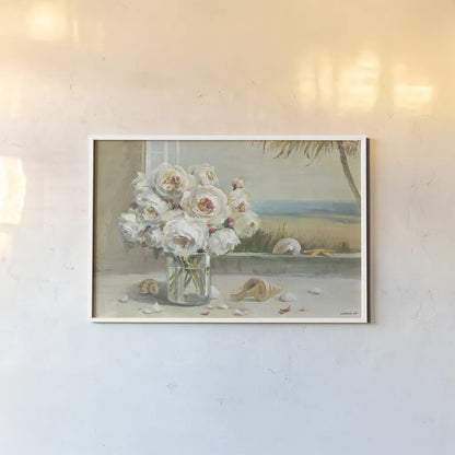 Coastal Roses Plain by Danhui Nai. shown as a paper print in a white frame. Available as a archival giclee rolled canvas, fine art paper, or poster print. SKU 15117i.