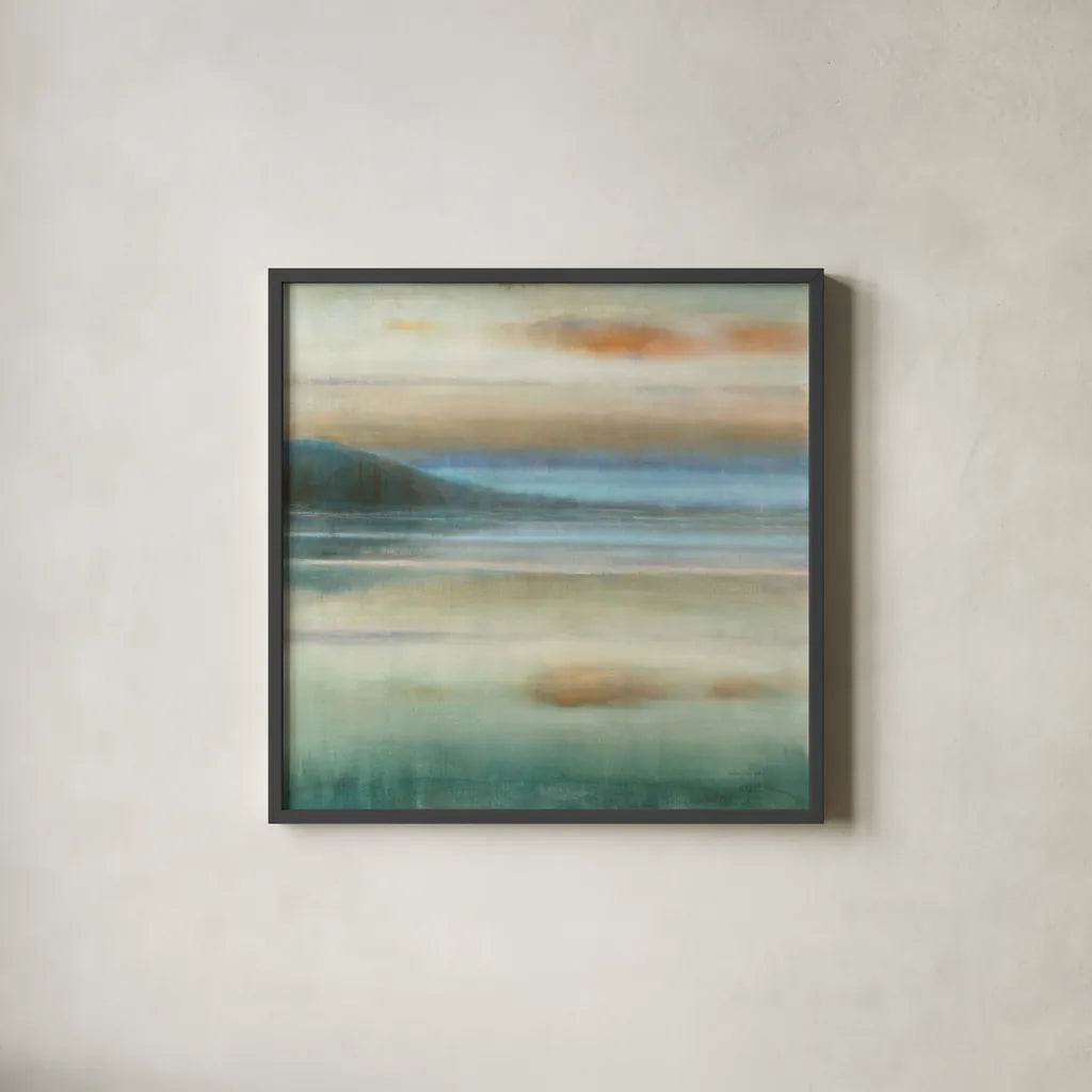 Coastal Sunset by Danhui Nai. Shown in a sleek black glass frame for a contemporary gallery look. Available as an archival giclee rolled canvas, fine art paper, or poster print. SKU 48445a.