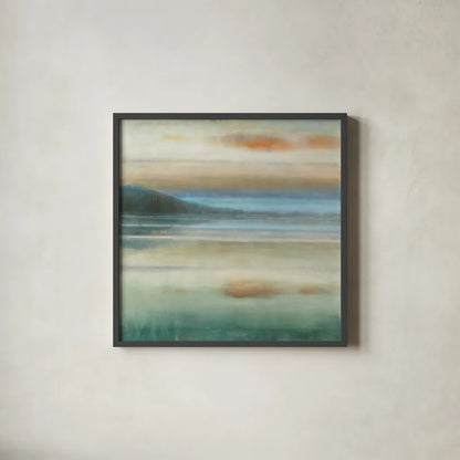 Coastal Sunset by Danhui Nai. Shown in a sleek black glass frame for a contemporary gallery look. Available as an archival giclee rolled canvas, fine art paper, or poster print. SKU 48445a.