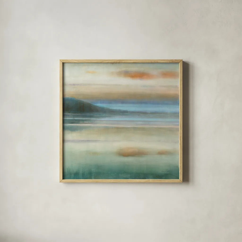 Coastal Sunset by Danhui Nai. Shown in a natural wood glass frame for a timeless modern aesthetic. Available as an archival giclee rolled canvas, fine art paper, or poster print. SKU 48445a.