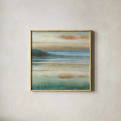 Coastal Sunset by Danhui Nai. Shown in a natural wood glass frame for a timeless modern aesthetic. Available as an archival giclee rolled canvas, fine art paper, or poster print. SKU 48445a.