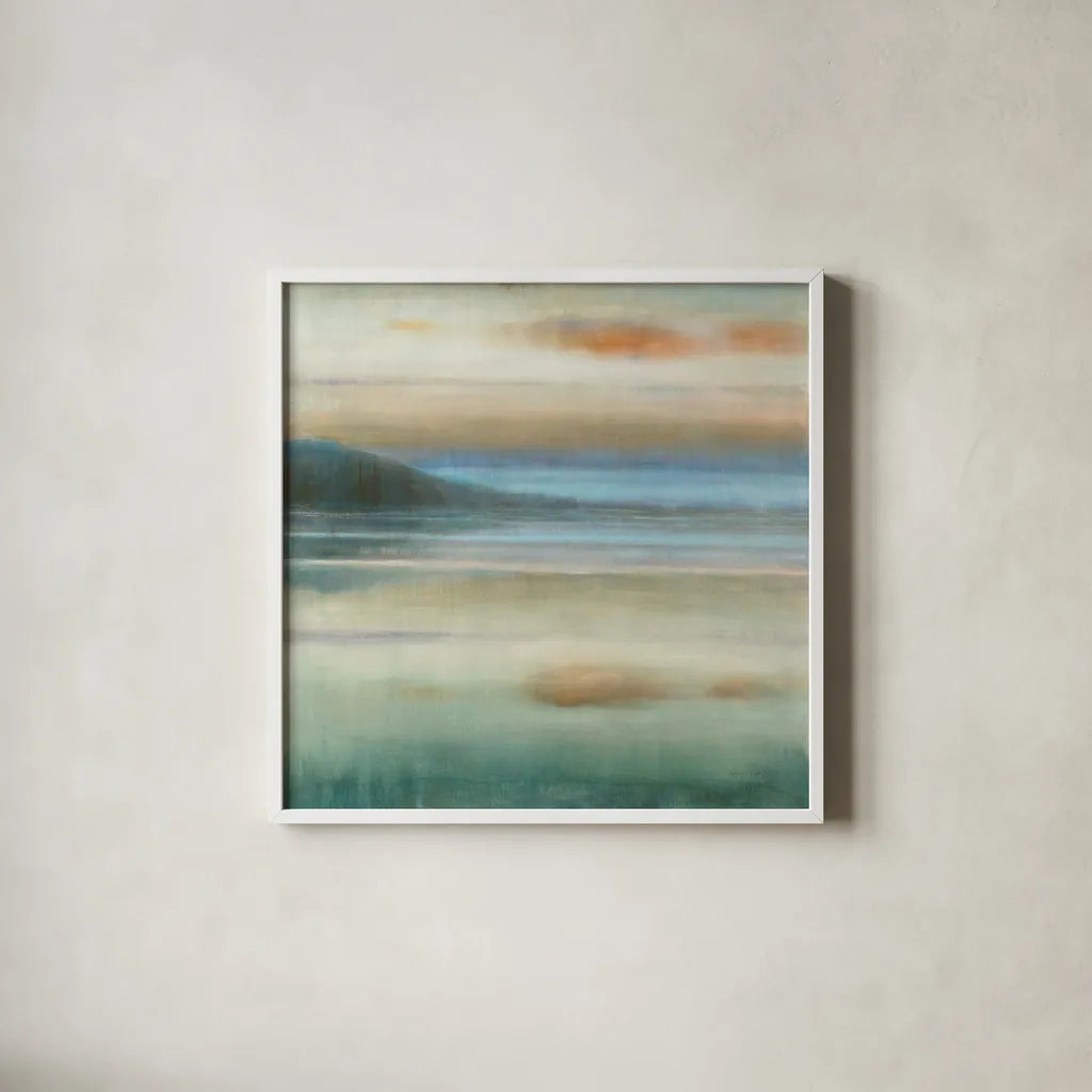 Coastal Sunset by Danhui Nai. Shown in a crisp white glass frame for a clean and minimalist style. Available as an archival giclee rolled canvas, fine art paper, or poster print. SKU 48445a.