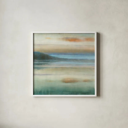 Coastal Sunset by Danhui Nai. Shown in a crisp white glass frame for a clean and minimalist style. Available as an archival giclee rolled canvas, fine art paper, or poster print. SKU 48445a.