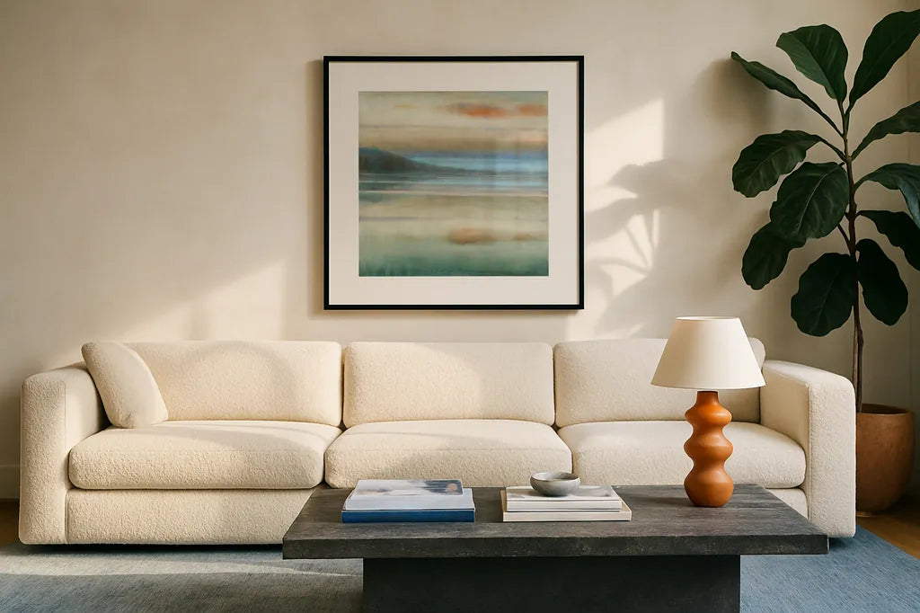 Coastal Sunset by Danhui Nai. Displayed in a glass frame with matte in a clean modern living room. Available as an archival giclee rolled canvas, fine art paper, or poster print. SKU 48445a.
