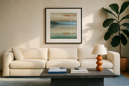Coastal Sunset by Danhui Nai. Displayed in a glass frame with matte in a clean modern living room. Available as an archival giclee rolled canvas, fine art paper, or poster print. SKU 48445a.