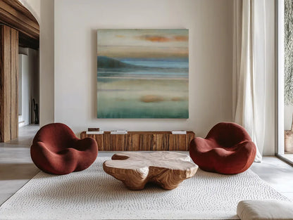 Coastal Sunset by Danhui Nai. Shown as extra-large giant wall art in a modern living room. Available as an archival giclee rolled canvas, fine art paper, or poster print. SKU 48445a.