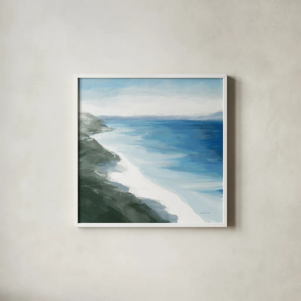Coastline by Danhui Nai. Shown in a crisp white glass frame for a clean and minimalist style. Available as an archival giclee rolled canvas, fine art paper, or poster print. SKU 85392a.