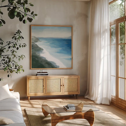 Coastline by Danhui Nai. Shown in a natural wood frame in a cozy modern living room. Available as an archival giclee rolled canvas, fine art paper, or poster print. SKU 85392a.