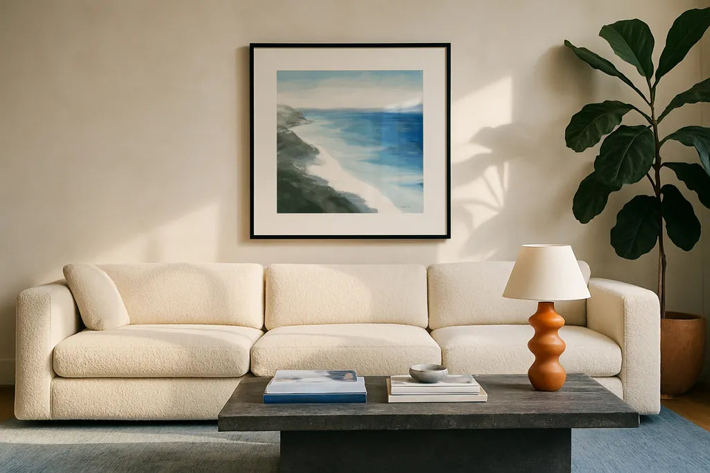 Coastline by Danhui Nai. Displayed in a glass frame with matte in a clean modern living room. Available as an archival giclee rolled canvas, fine art paper, or poster print. SKU 85392a.