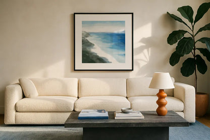 Coastline by Danhui Nai. Displayed in a glass frame with matte in a clean modern living room. Available as an archival giclee rolled canvas, fine art paper, or poster print. SKU 85392a.