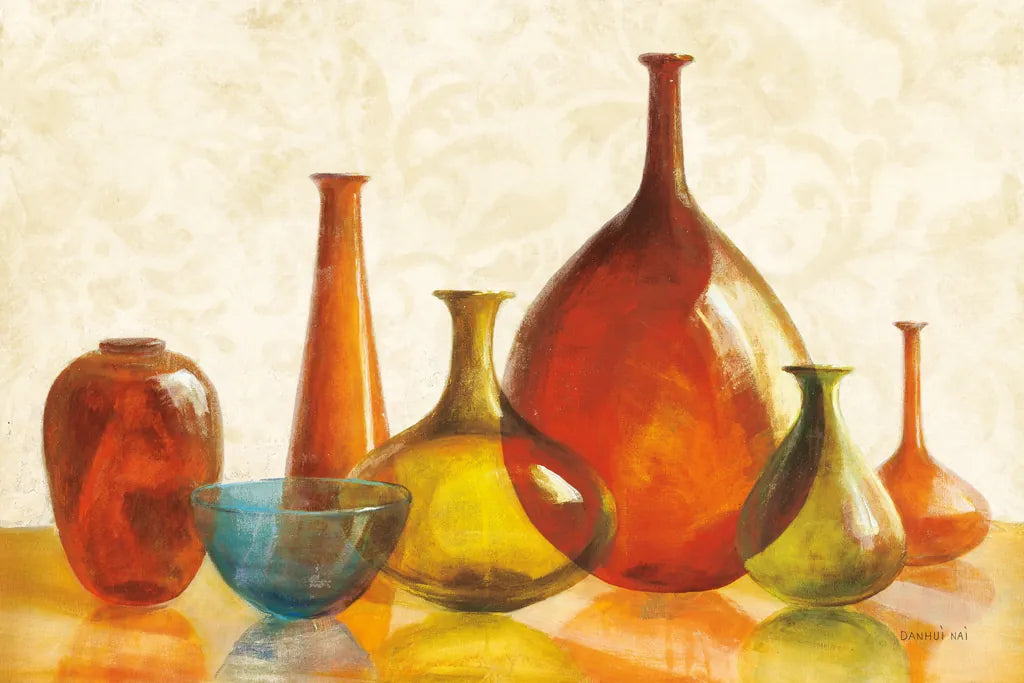 Colorful Glass Vessels on Ivory by Danhui Nai. SKU 12461i. Archival Giclee Fine art print for wall decor.