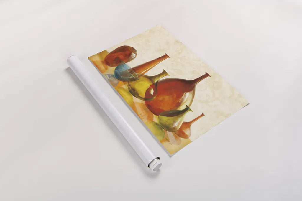 Colorful Glass Vessels on Ivory by Danhui Nai. shown as a rolled paper print. Available as archival giclee rolled canvas, fine art paper, or poster print. SKU 12461i.