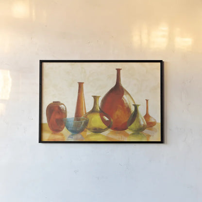 Colorful Glass Vessels on Ivory by Danhui Nai. shown as a paper print in a black flame. Available as a archival giclee rolled canvas, fine art paper, or poster print. SKU 12461i.