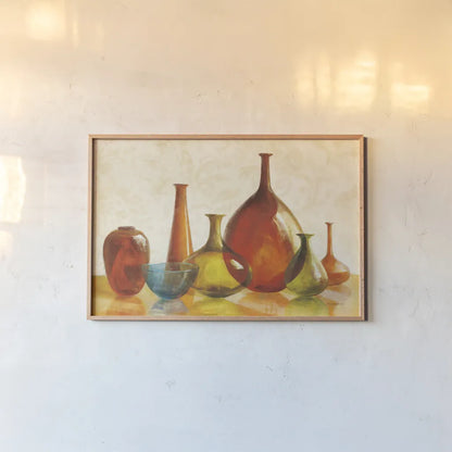 Colorful Glass Vessels on Ivory by Danhui Nai. shown as a paper print in a natural frame. Available as a archival giclee rolled canvas, fine art paper, or poster print. SKU 12461i.
